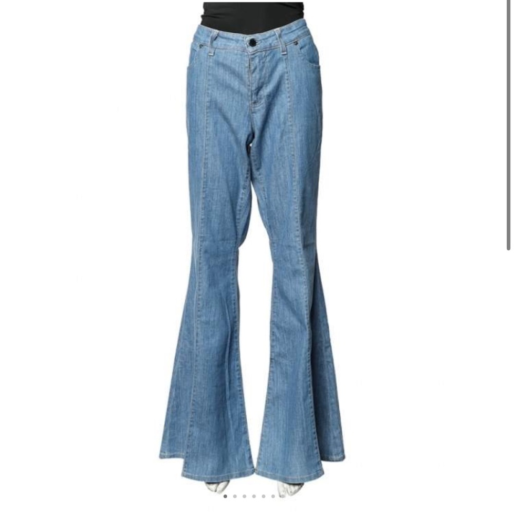 Stella McCarthy Designer Light Blue Exposed Front Seam Denim Flare Leg Jeans, 32